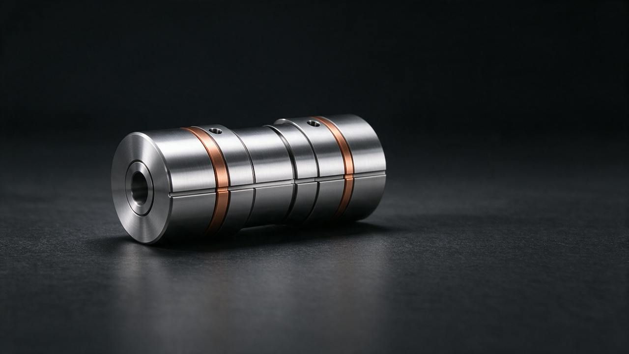 Acme shaft coupling in steel with copper rings on a graphite surface